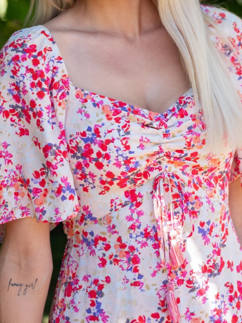 Lovestitch Blush Multi Floral Maxi Dress Smocked Waist Tie Front Boho Summer